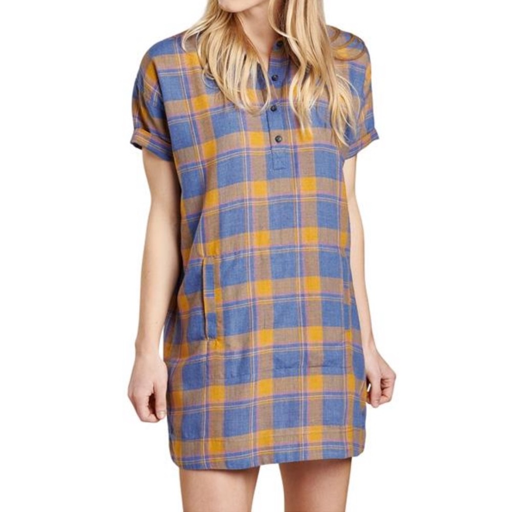 Toad&Co Blue and Mustard Plaid Short Sleeve Shift Dress